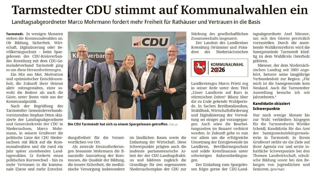 Artikel: Tarmstedter CDU stimmt auf Kommunalwahlen ein